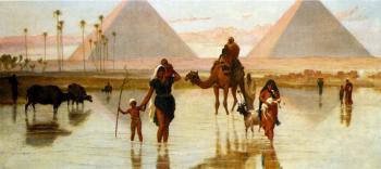 Frederick Goodall : Arabs Crossing A Flooded Field By The Pyramids